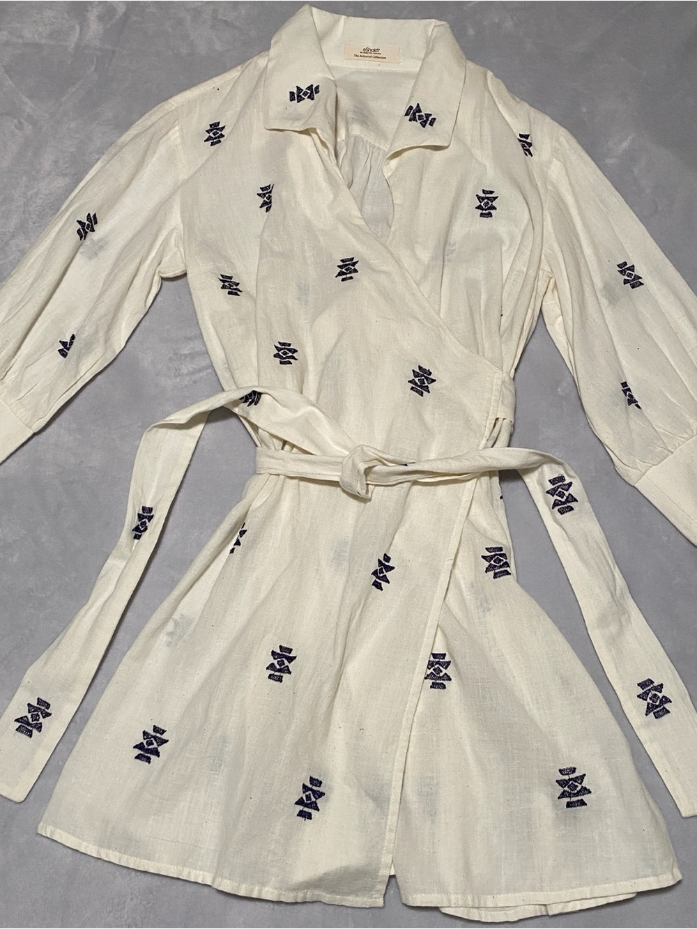 Women's Eshakti Artisanal Collection Cream Wrap Dress with Navy Embroidery